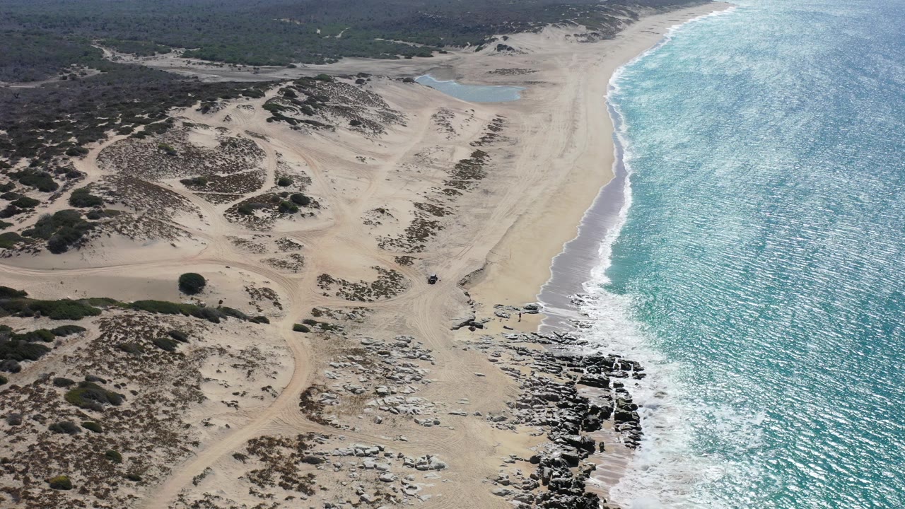 Drone-like view of broad sandy coast with waves and low dunes.