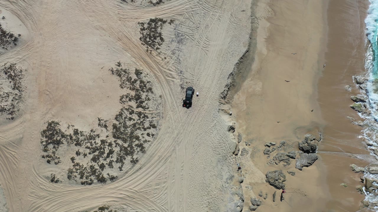Top-down shoreline with black vehicle, scrub, tracks, rocks, and waves.