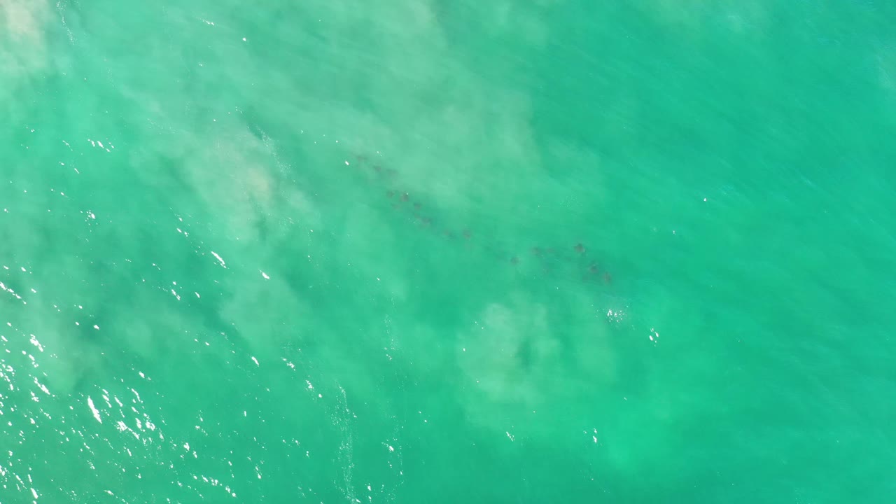 Overhead Los Cabos seawater fills the frame, with pale sand-colored areas drifting through turquoise water and no visible people.