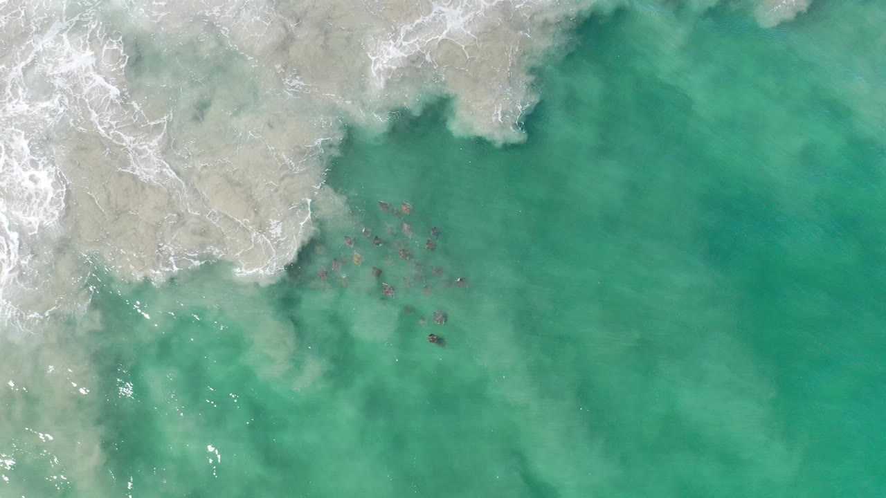 Overhead view of turquoise water in Los Cabos, Mexico, with white foam entering from the upper left and pale shallow patches below, no visible people.