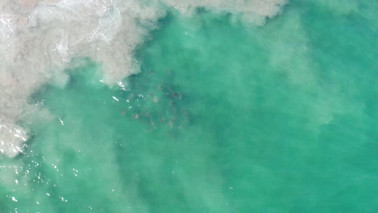 Aerial Los Cabos water view with cloudy white surf along the top edge, aqua shallows, bright reflections, and a fish group slightly left of center, no visible people.