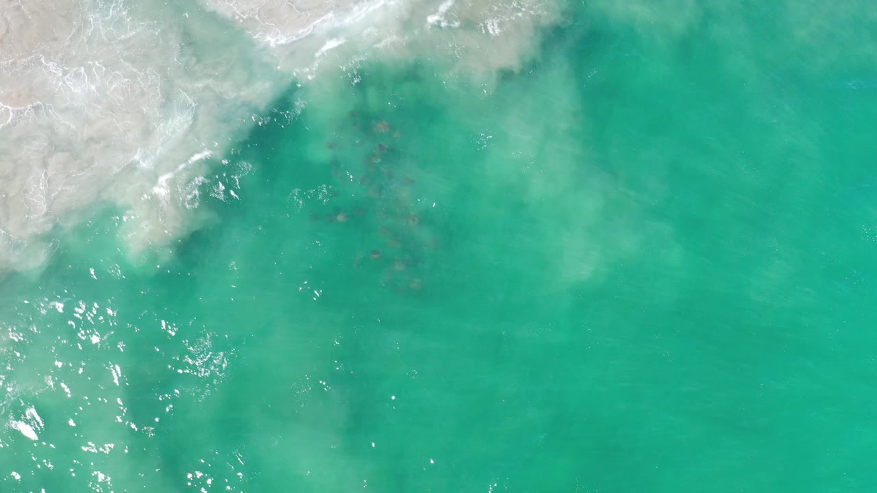 Turquoise water with a band of breaking surf near the top.