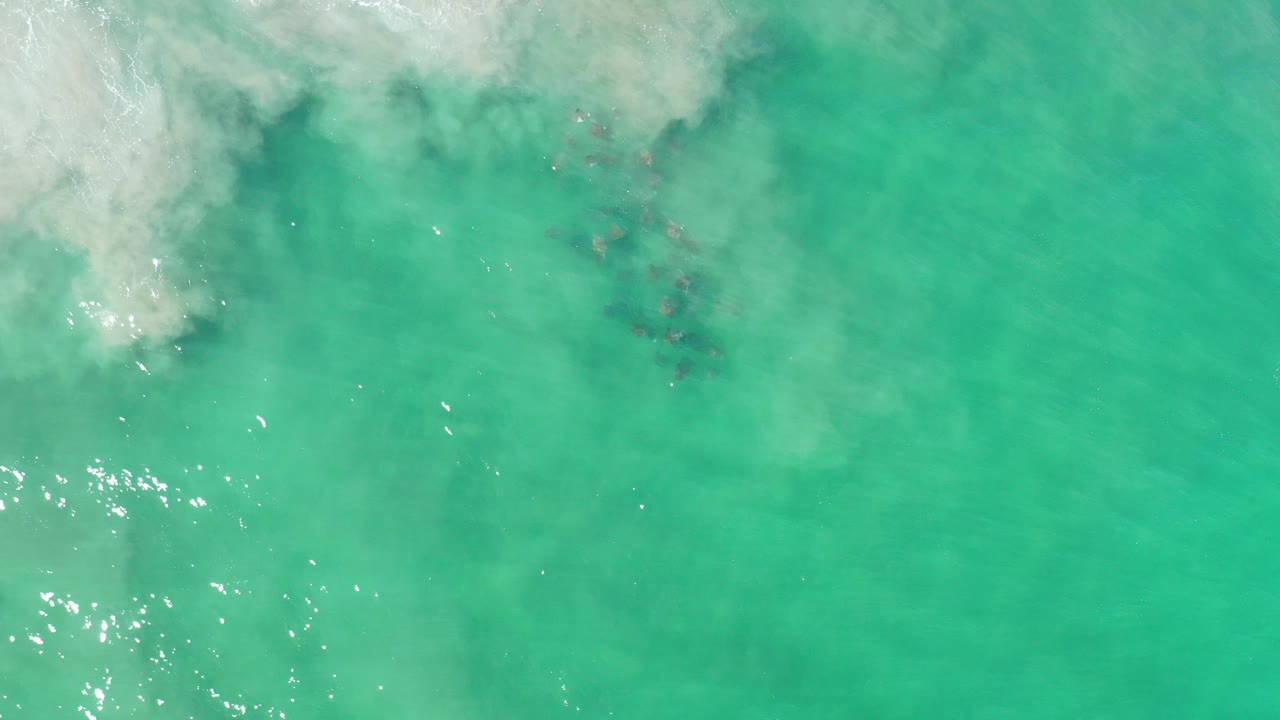 Aerial ocean surface with foam and submerged dark areas