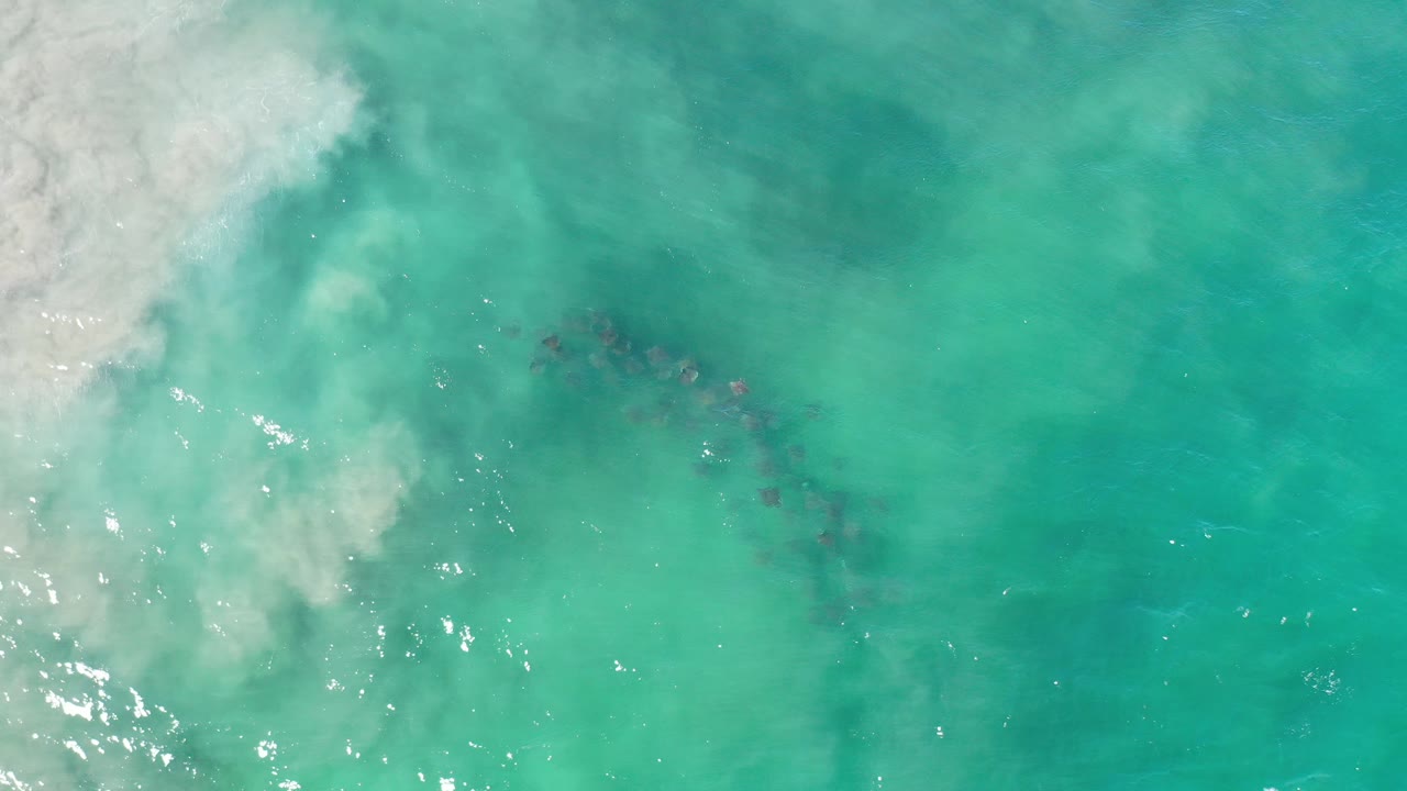 Overhead view of turquoise water in Los Cabos, Mexico, with white foam on the left and a faint dark whale form beneath the surface, no visible people.