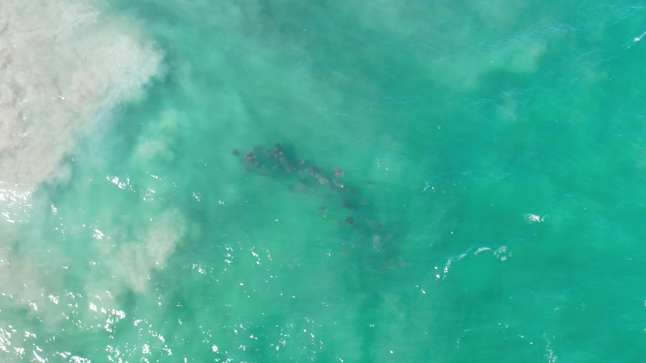 Aquamarine ocean with surface haze and a faint dark whale shape below the water.