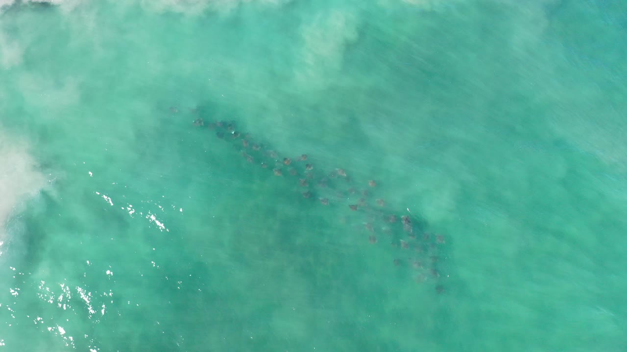 Top-down turquoise ocean with dark submerged patches and pale water near the edge.