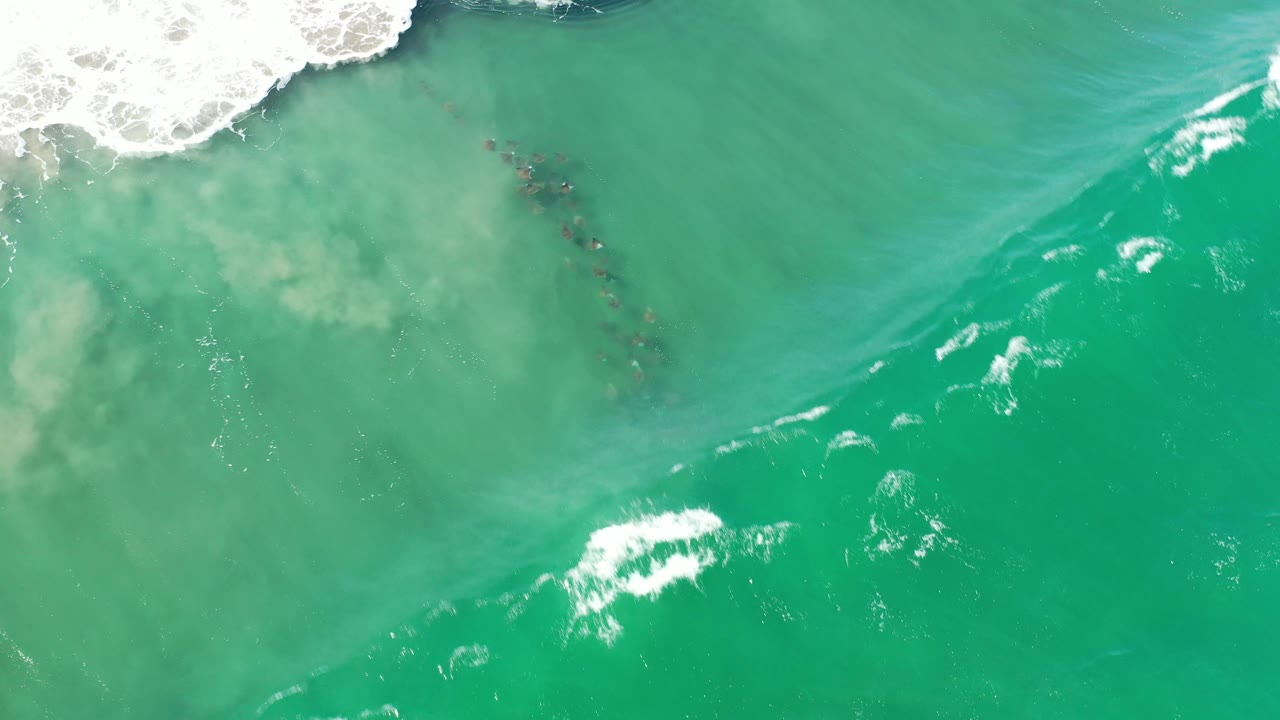 Aerial green water with foam and rippled whitecaps