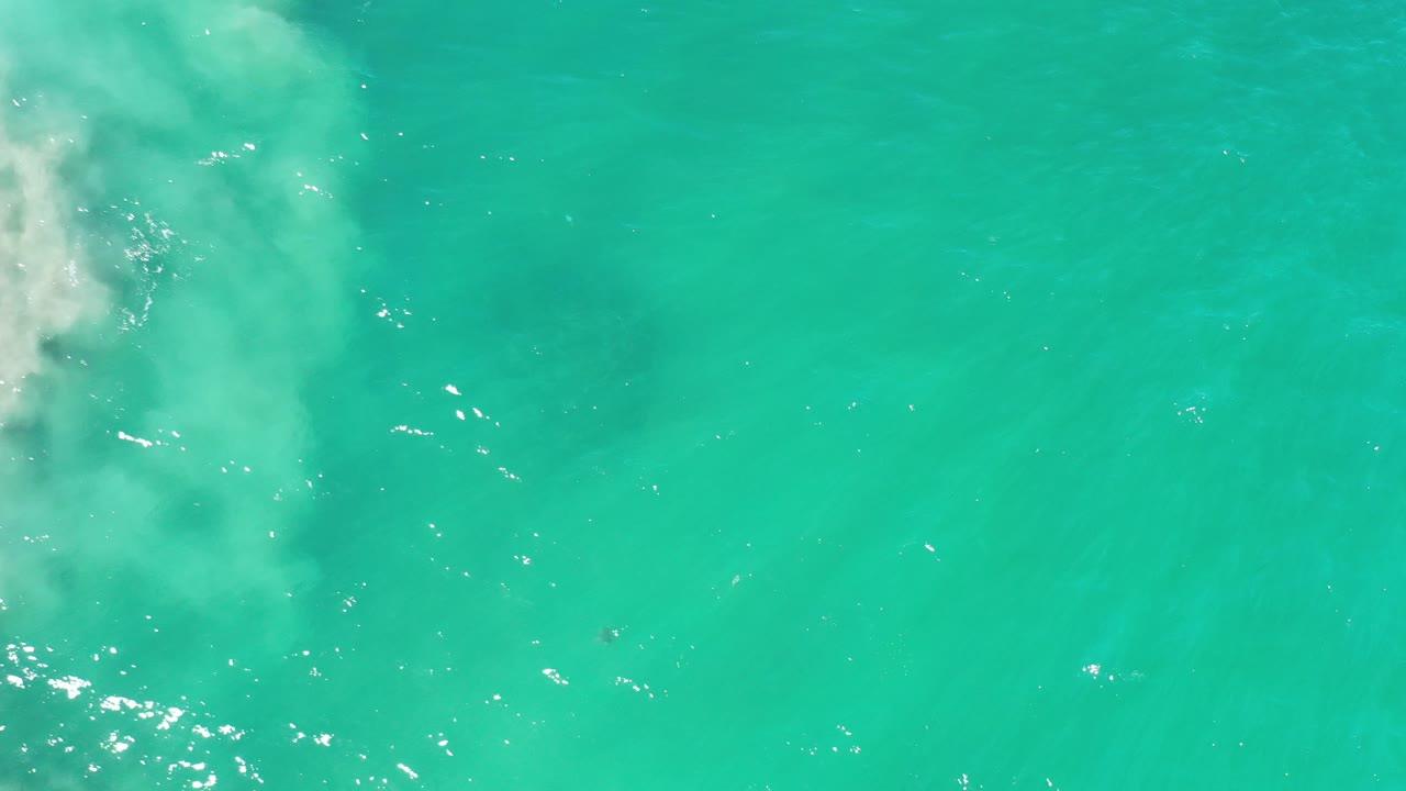 Turquoise ocean surface with foam and a faint dark underwater shape.