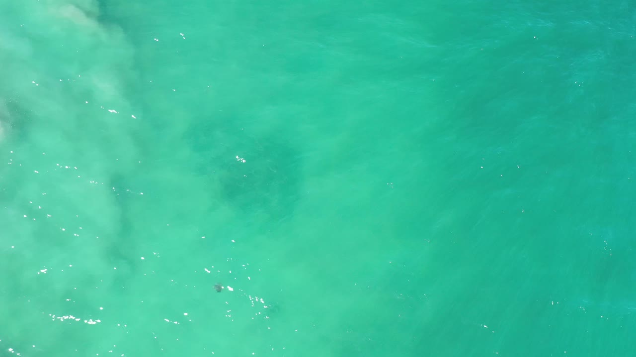 Clear green sea surface in Los Cabos, Mexico, with scattered sun sparkles, faint milky underwater haze, and no visible people.