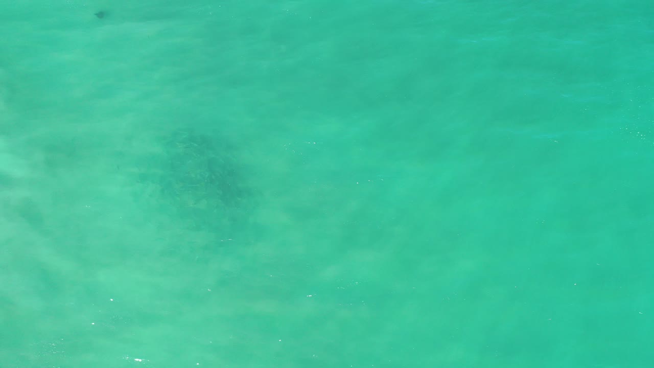 Overhead view of shallow turquoise water in Los Cabos, Mexico, with faint darker seabed patches under the surface and no visible people.