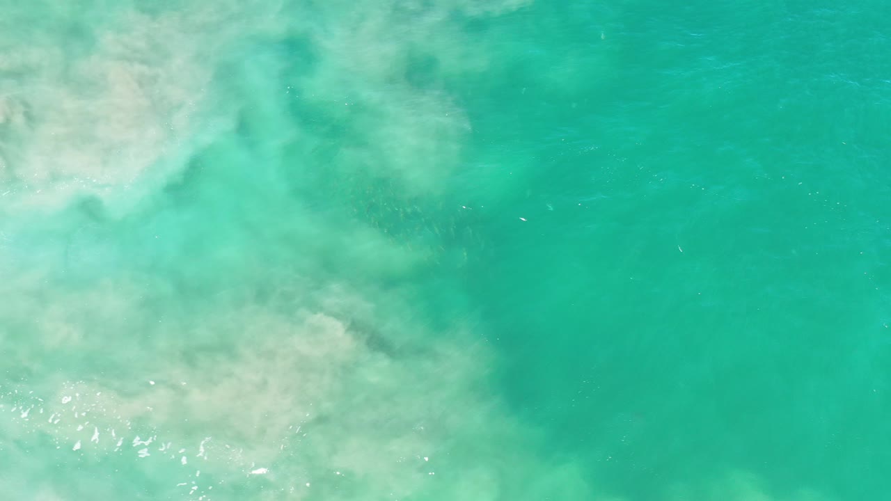 Turquoise-green water with pale muddy sediment.