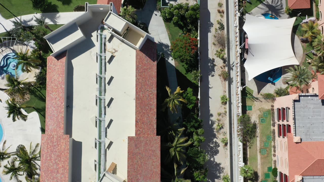 Aerial view of a roof corridor, palms, canopies, and a curved pool edge.