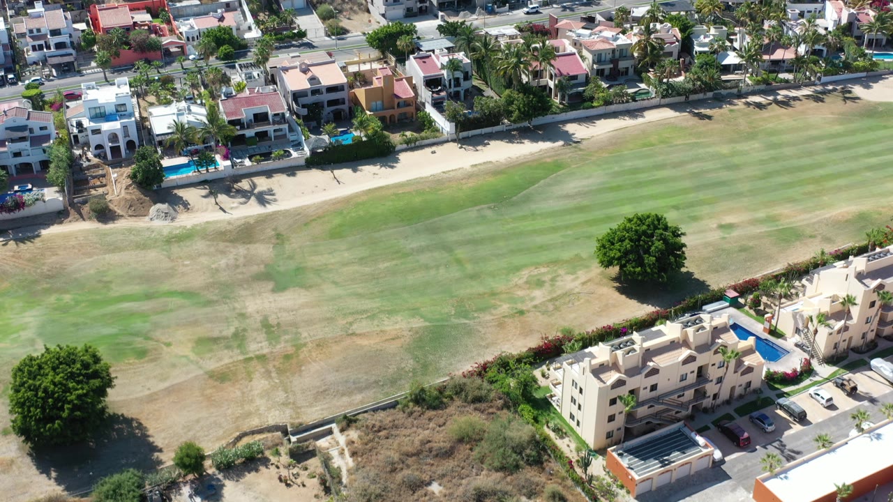 Aerial Los Cabos frame with striped golf course grass in the foreground, a large shade tree, walled homes, pools, parked cars, and no visible people.