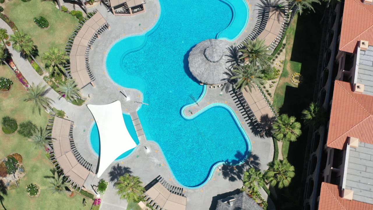 Overhead view of a large blue pool, pale deck, white canopy, palms, and adjacent buildings.