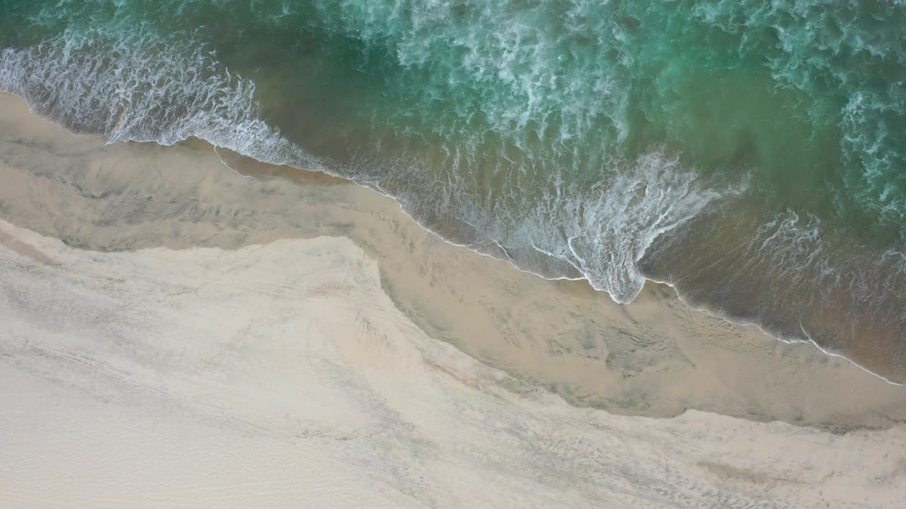 Top-down Los Cabos shoreline frame with a white foamy wave curling across darker wet sand and no visible people.