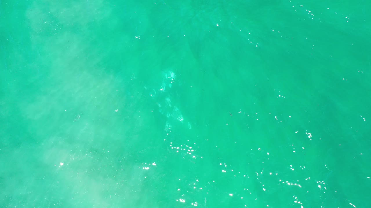 Overhead turquoise-green water in Los Cabos with pale cloudy movement near the center, scattered white glints, and no visible people.