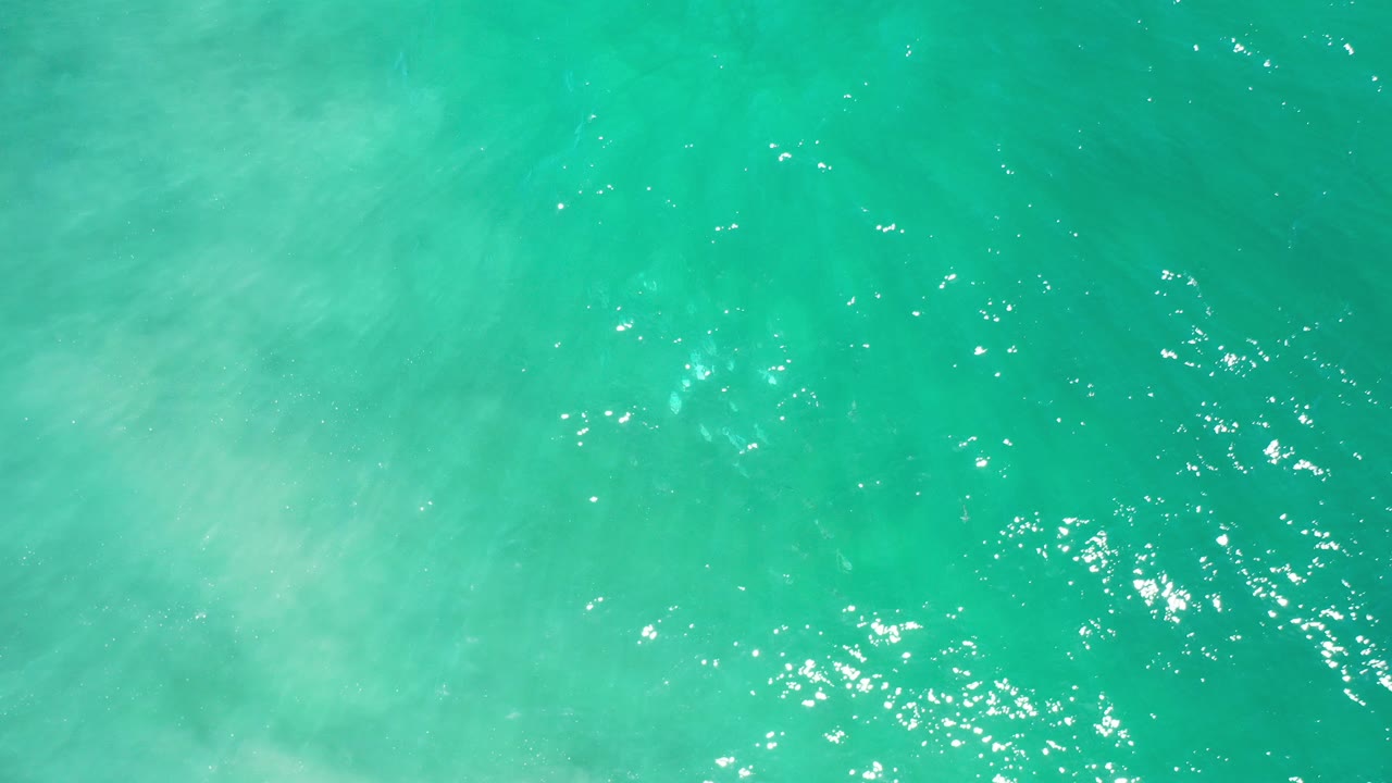 Overhead green-turquoise ocean surface with scattered sun glints.