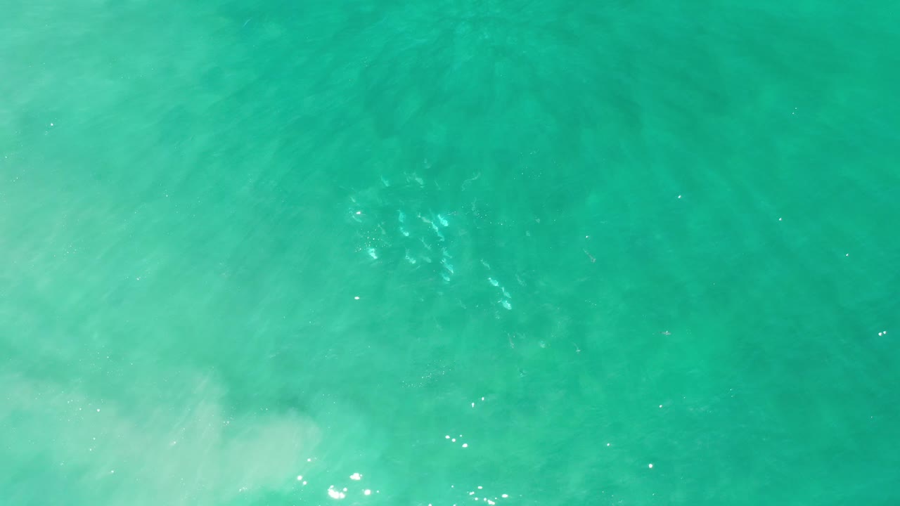 Aerial view of green-blue water with faint white surf haze.
