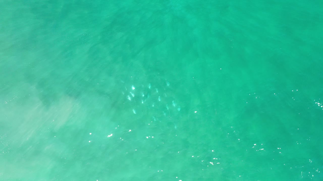 Overhead view of turquoise ocean water in Los Cabos, Mexico, with faint pale clouding beneath the surface and no visible people.