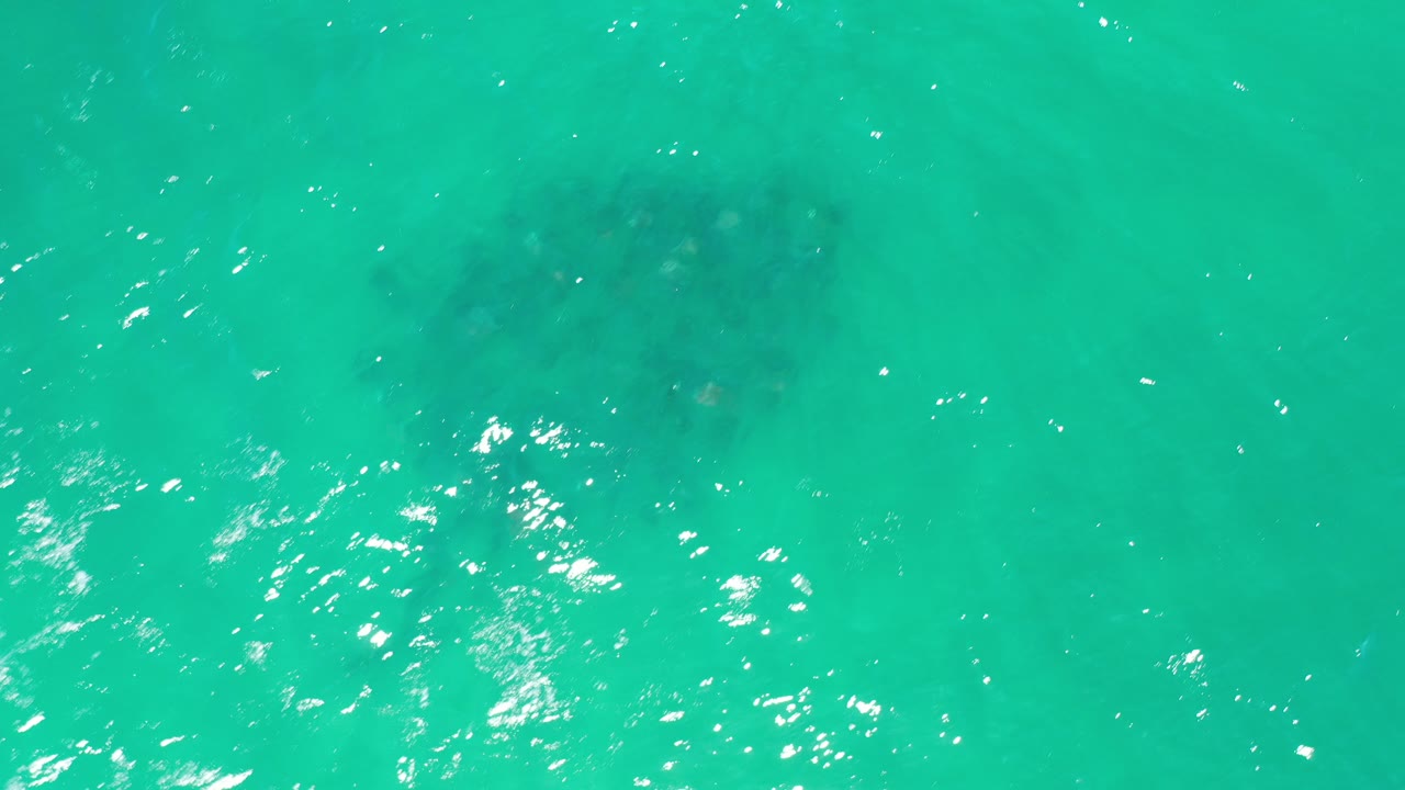 Top-down view of turquoise seawater in Los Cabos, Mexico, with faint dark underwater plant patches near the upper frame and no visible people.