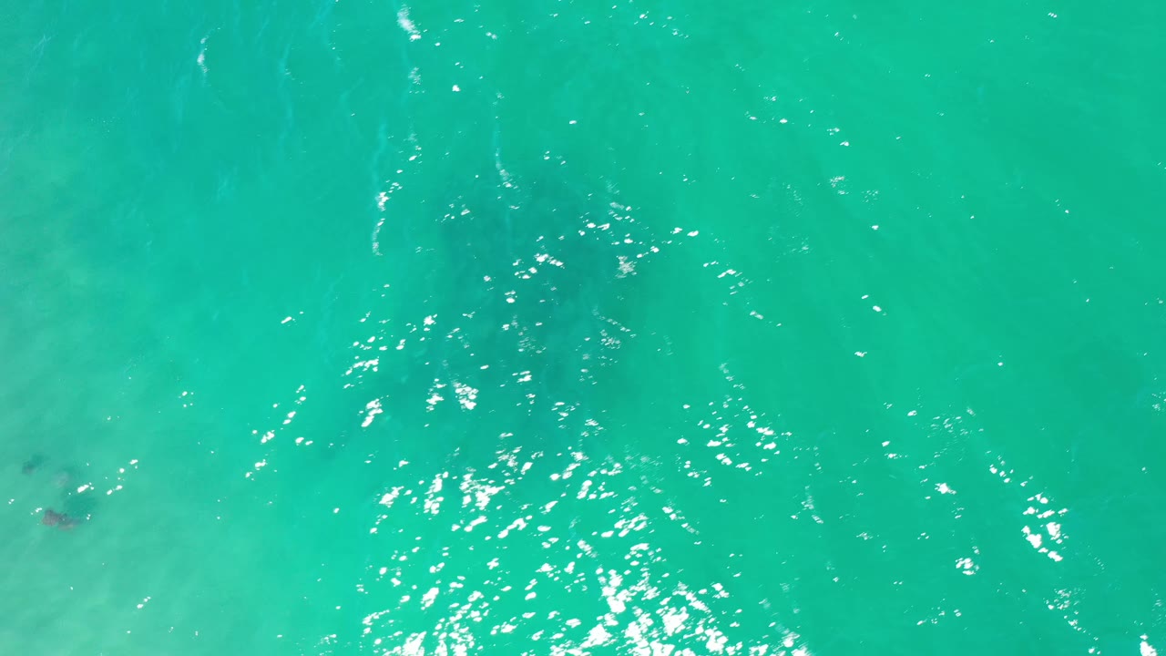 Aerial view of teal Los Cabos water with scattered highlights and faint darker shapes under the surface, with no visible people.