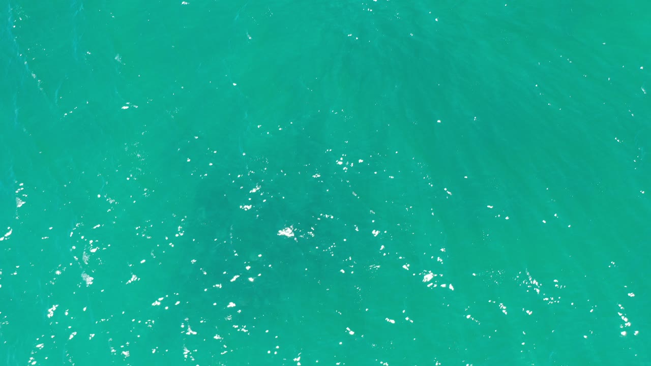 Overhead view of turquoise green sea in Los Cabos, Mexico, with scattered white sun reflections and no visible people.