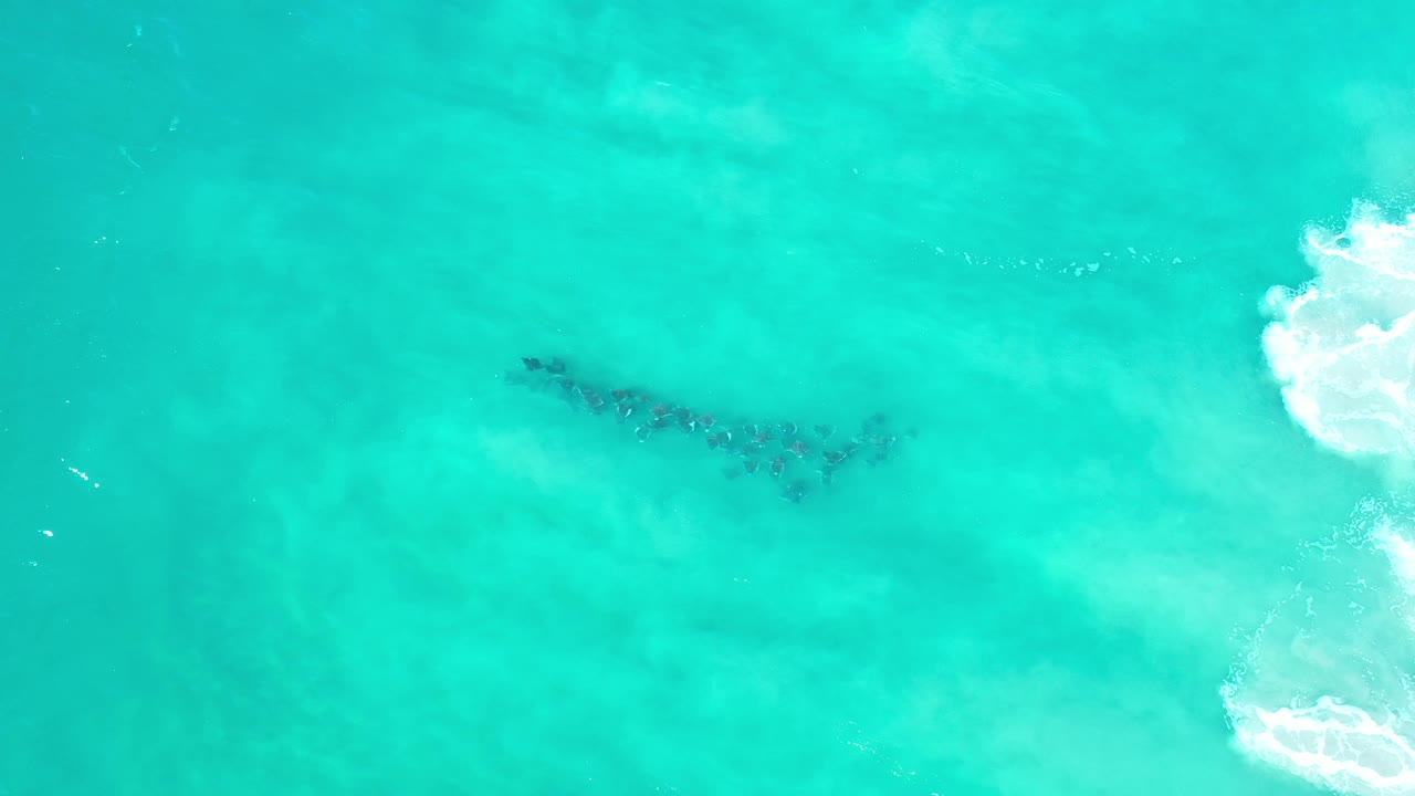 Overhead turquoise sea with dark underwater patch and surf at right edge.