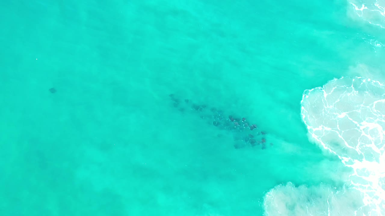 Aerial frame over Los Cabos water showing a dark underwater patch near the upper center, pale green sea around it, surf foam at the right, and no visible people.