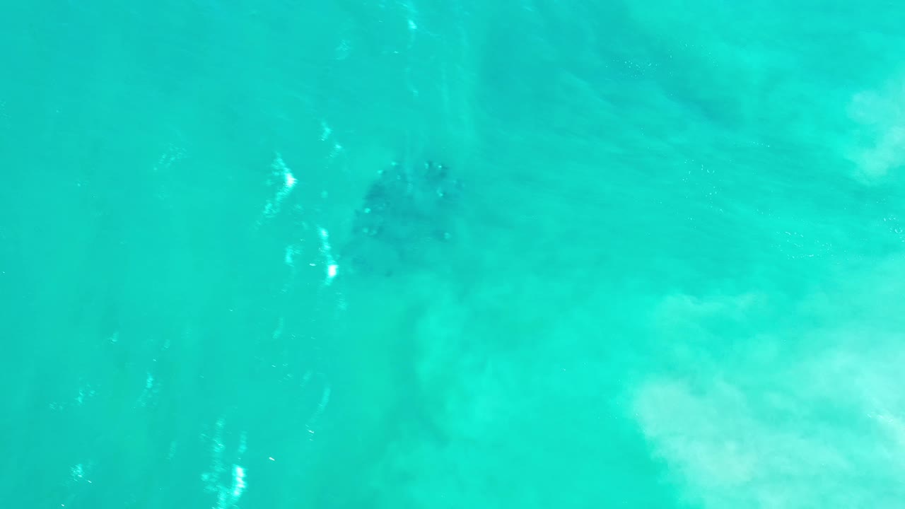 Aerial-looking top-down frame of Los Cabos blue water with pale wave wash drifting near a darker underwater rock area and no visible people.