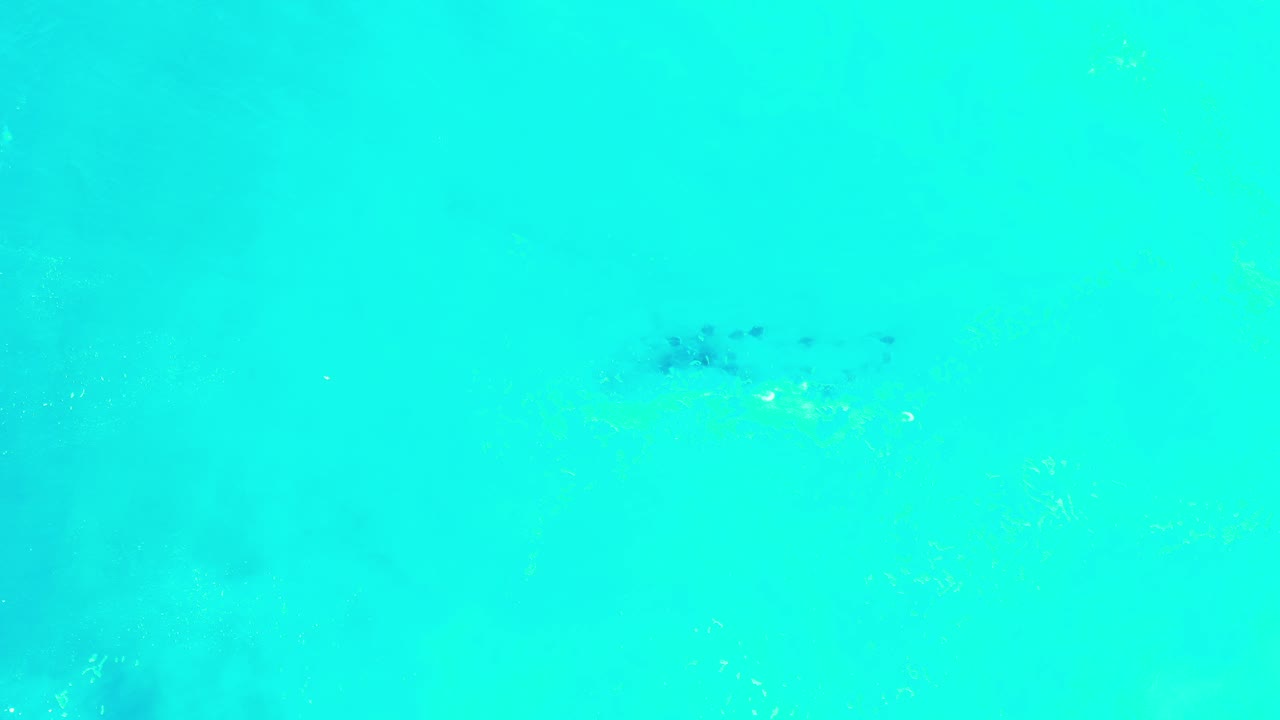 Overhead view of bright turquoise water in Los Cabos, Mexico, with soft submerged dark patches near the upper frame and no visible people.