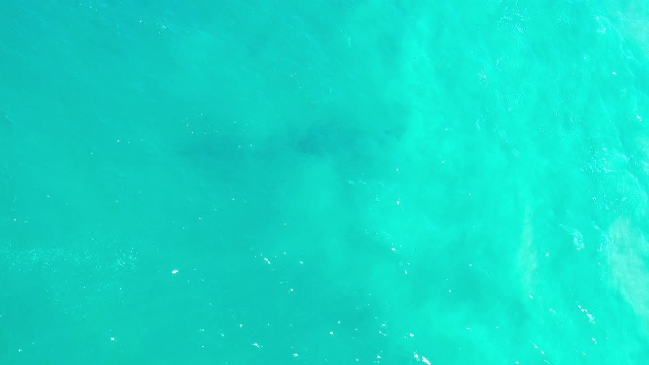 Opening overhead frame of turquoise ocean in Los Cabos, Mexico, with white surface shimmer and a faint dark marine shape under the water, no visible people.
