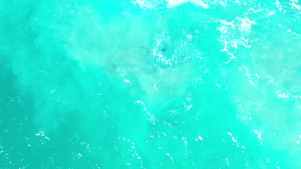 Bright overhead view of blue ocean water in Los Cabos, Mexico, with foam trails spread across the top of frame and no visible people.
