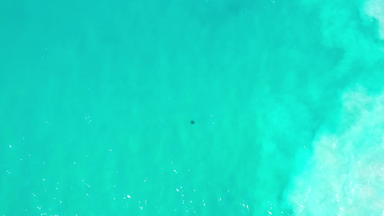 Overhead turquoise water with faint foam and a small dark shape near the upper center.