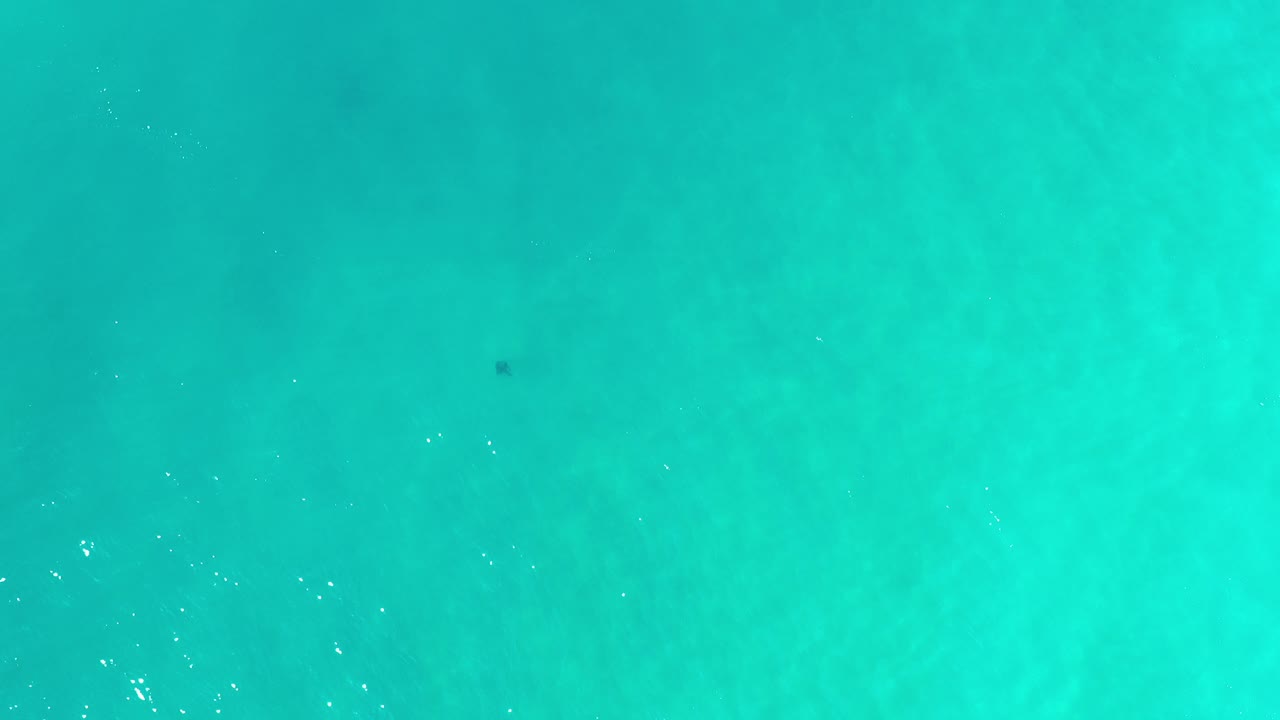 Overhead view of clear turquoise ocean water in Los Cabos, Mexico, with faint darker patches under the surface and no visible people.