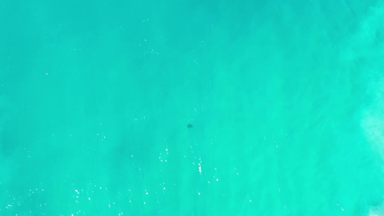 Aerial frame of Los Cabos green ocean water with pale sandy-looking patches beneath the surface and no visible people.