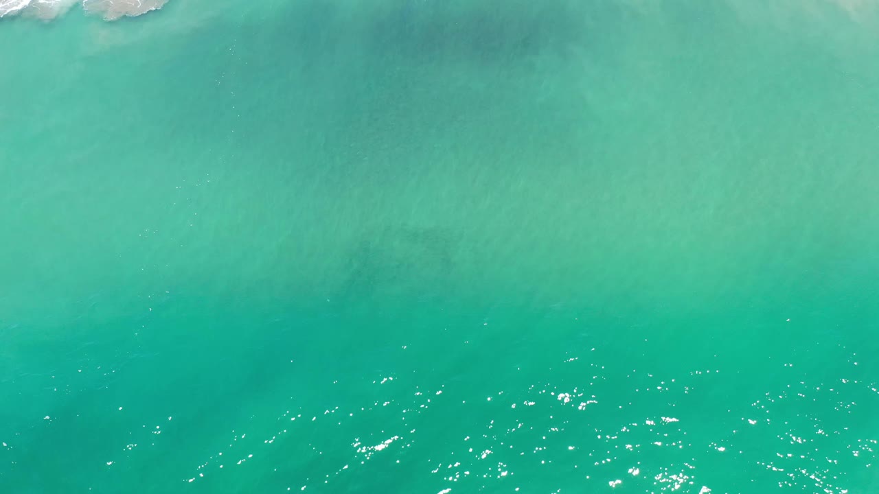 Overhead Los Cabos ocean frame with turquoise water, scattered sun reflections, and faint breaking foam near the top border, with no visible people.