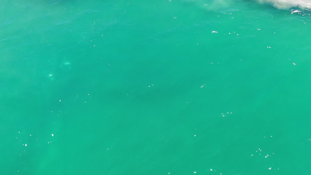 Overhead view of green turquoise ocean water near Los Cabos, Mexico, with dark underwater patches and no visible people.