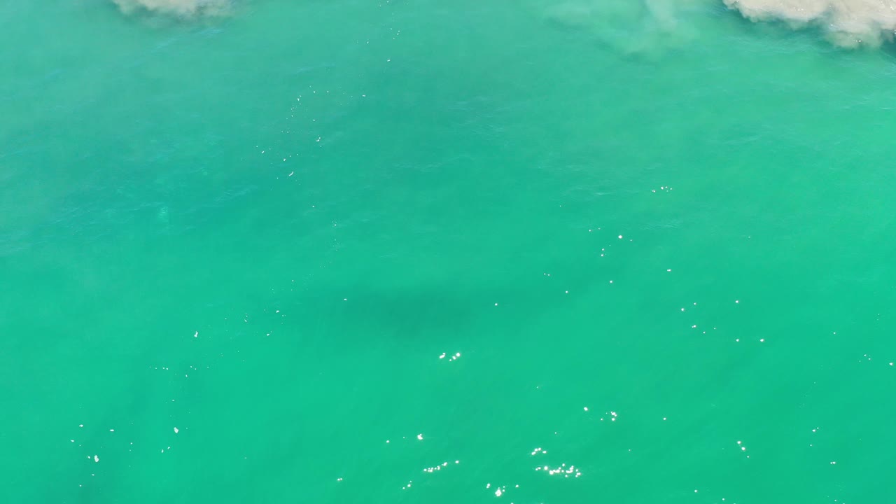 Bright turquoise water with small surface sparkles and a faint dark underwater mass.