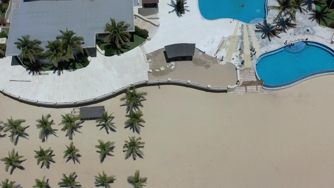 Bird's-eye Los Cabos resort frame with curved blue pools at the top and right, palms casting shadows, pale walkways, and no visible people.
