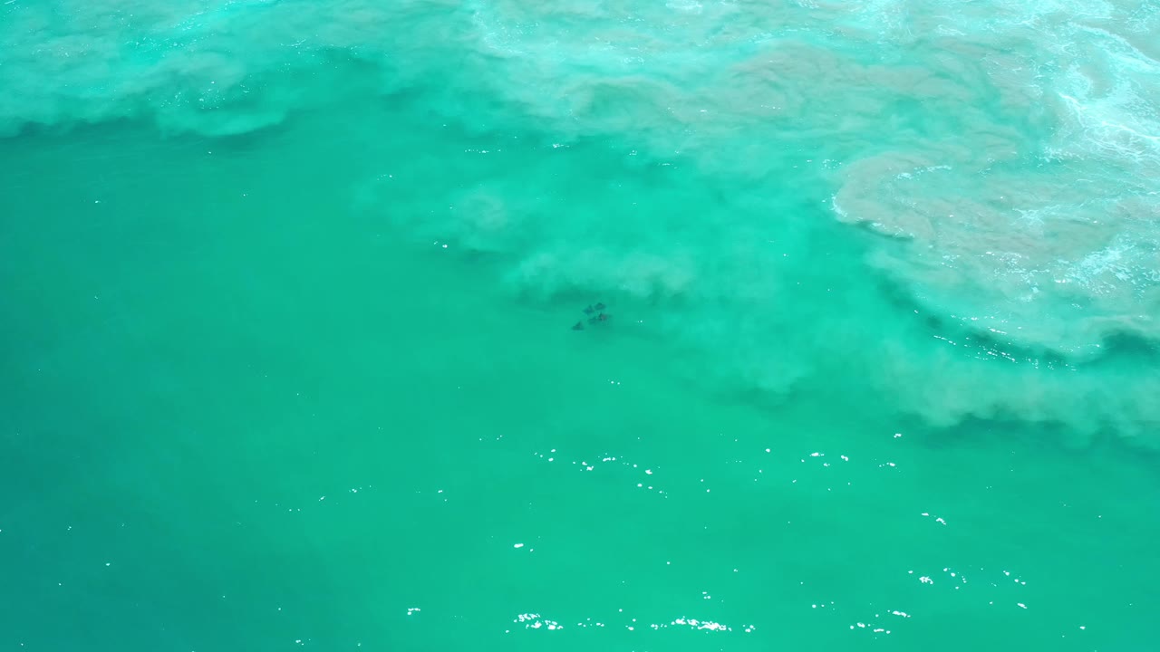 Aerial view over teal water in Los Cabos, Mexico, showing pale reef-like patches across the upper frame and a small dark shape lower left of center, no visible people.