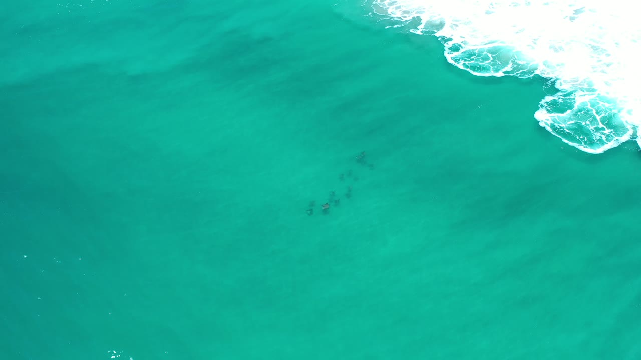 Clear turquoise sea with faint fish below the surface and breaking white water at top right.