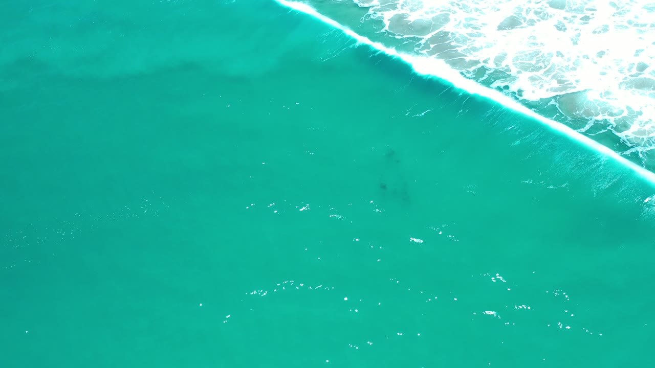 Overhead view of green ocean water in Los Cabos, Mexico, with a diagonal strip of white surf along the upper right edge and no visible people.