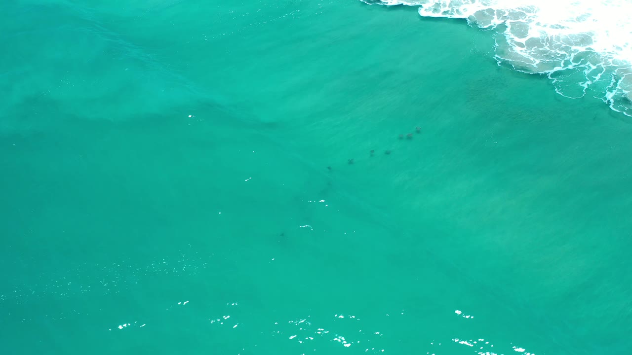 Aerial Los Cabos water view with mostly open turquoise surface, faint darker shapes below the water, and no visible people.