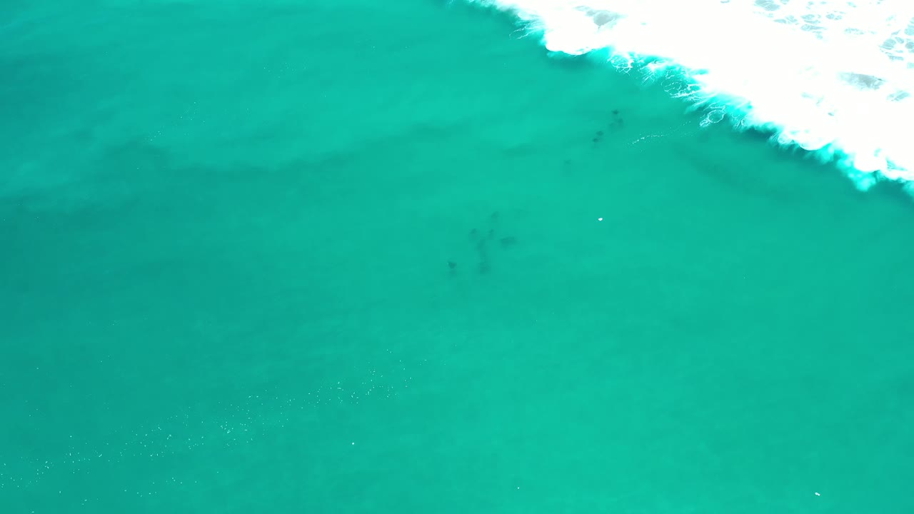 Blue-green ocean surface in Los Cabos, Mexico, with a bright white wave band entering from the top right and no visible people.