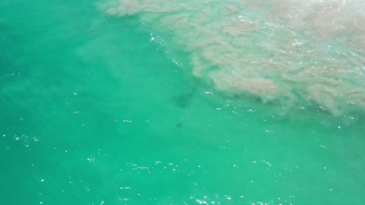 Overhead view of turquoise sea in Los Cabos, Mexico, with a pale foam mass entering from the upper right and no visible people.