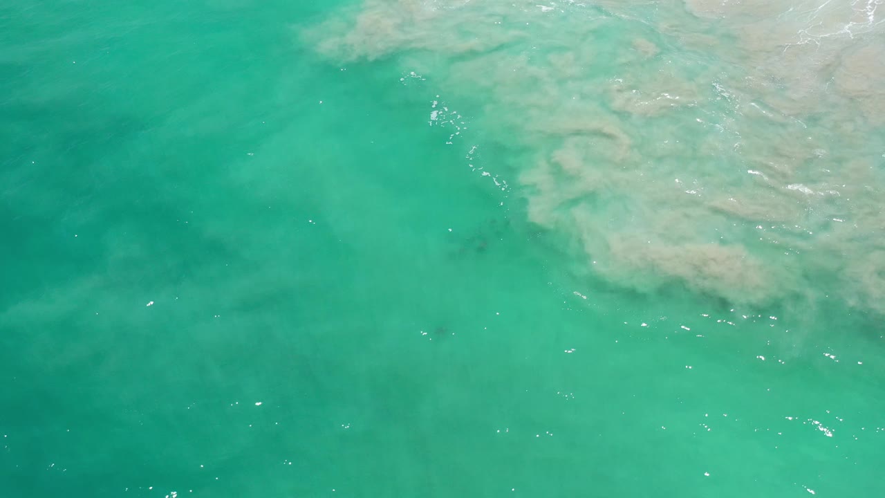 Clear turquoise water with pale surf texture across the upper edge.