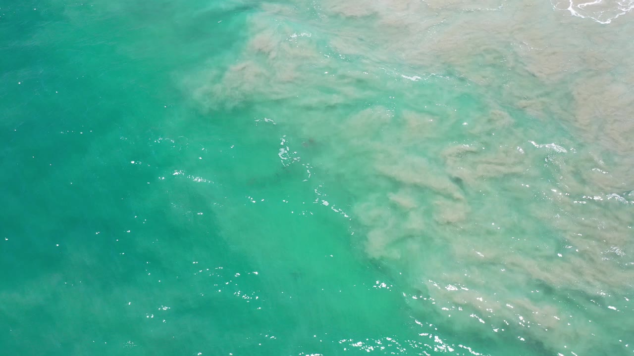 Aerial view of turquoise-green coastal water in Los Cabos, Mexico, with pale tan shallows spreading across the upper right and no visible people.