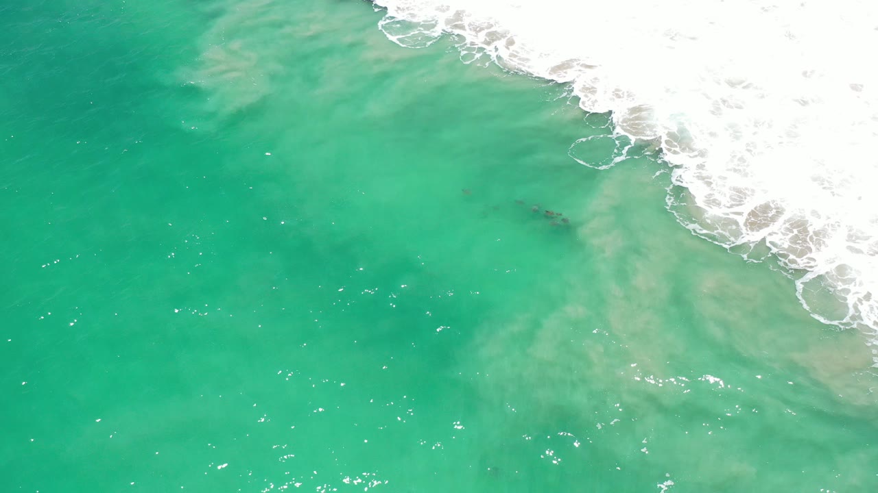 Overhead view of clear turquoise water in Los Cabos, Mexico, with pale sand visible below the surface, white foam at the upper-right edge, and no visible people.