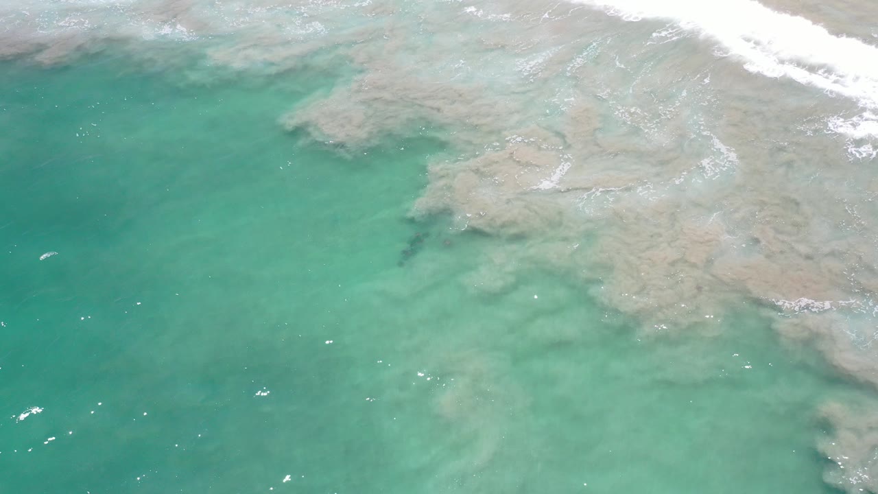 Overhead view of turquoise-green water in Los Cabos with pale submerged reef and sand below the surface, scattered highlights, and no visible people.