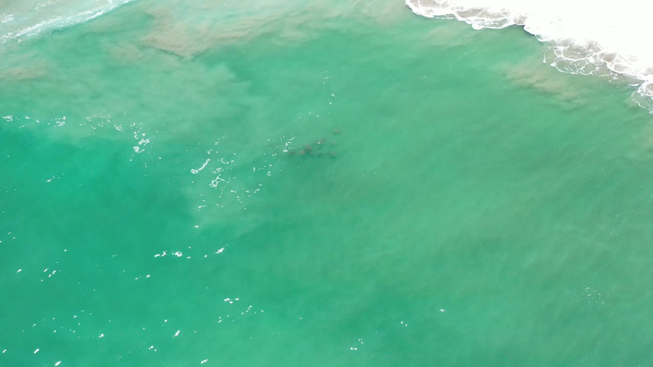 Turquoise shallows with surf foam at the upper right corner.